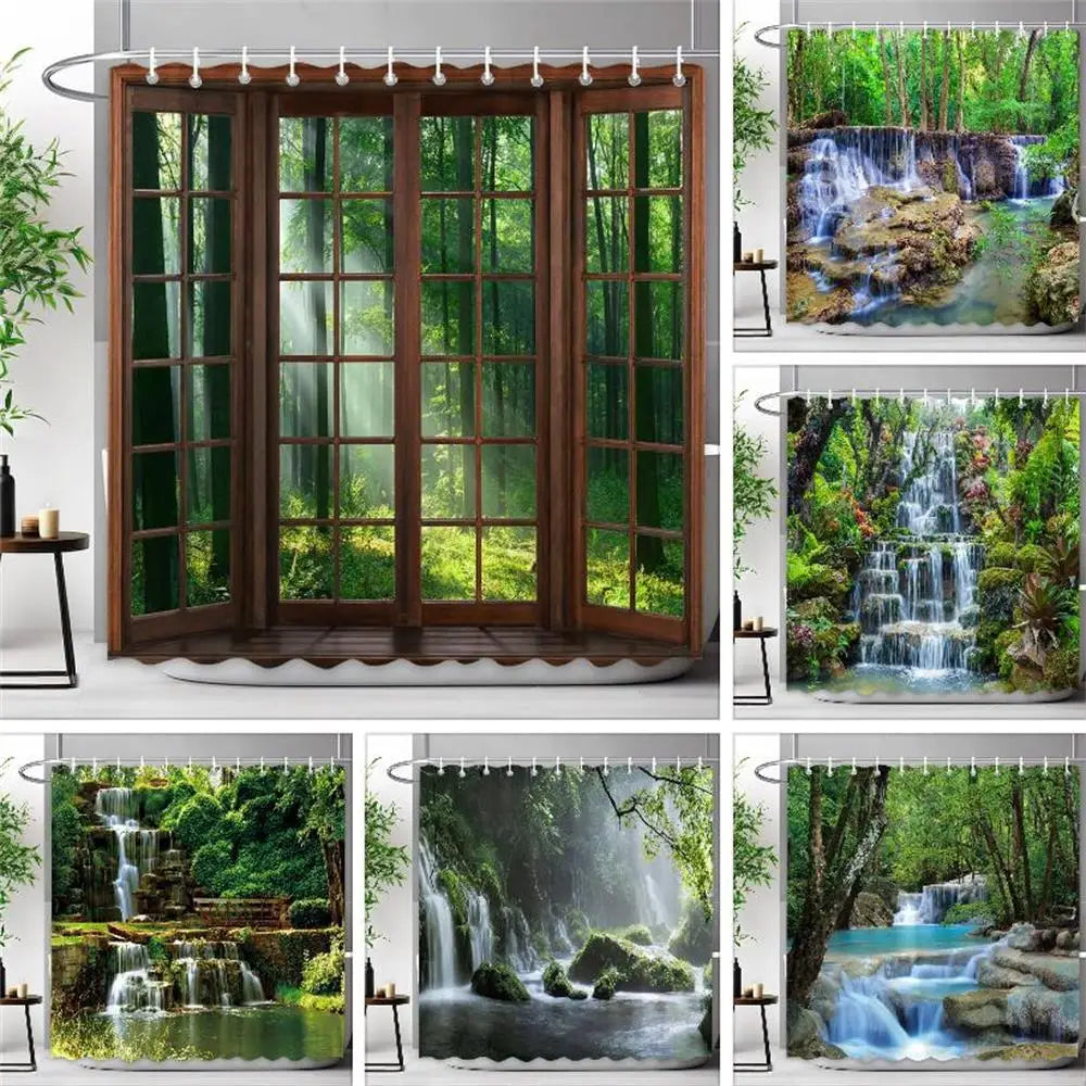 Scenic Shower Curtain Tropical Waterfall, Landscape Nature