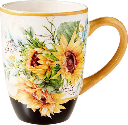 Gold Handles, Sunflower Ceramic Mugs, Set of 4, 18 oz
