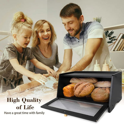 Large Black Bamboo Bread Box with Window & Air Vents