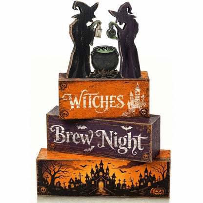 Rustic Witch Hat Table Decorations - Artificial Wood Layered Tray Centerpiece