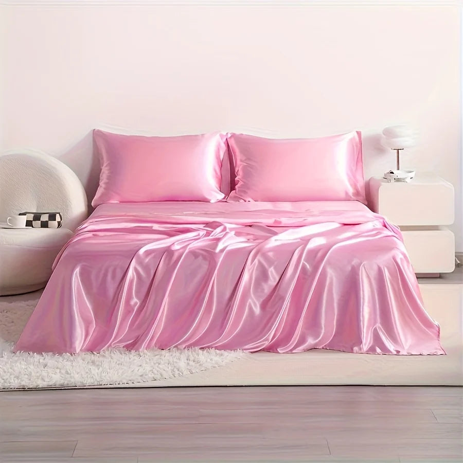 4pcs Cooling Satin Bed Sheet Set Shrink-Resistant,