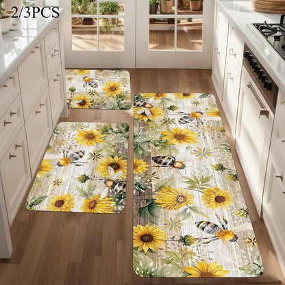 Bohemian Kitchen Mats, Bees and Sunflowers, Flannel Material with Anti-slip,