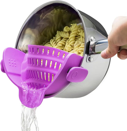 Snap N' Strain, Silicone Pasta Strainer Clip-On for Pots and Pans - Heat Resistant Colander
