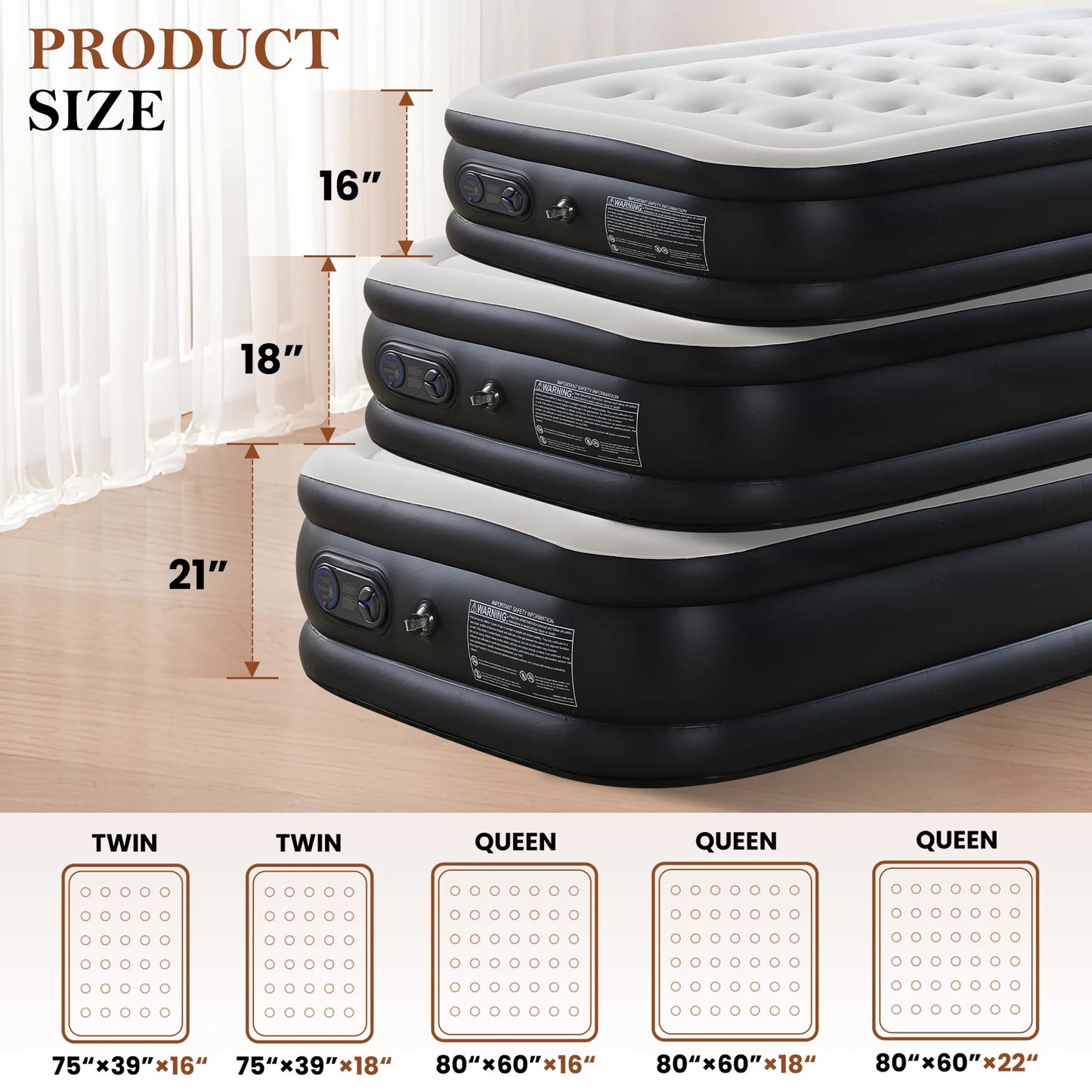 Queen, Twin Double Height Blow-up Air Mattress, Non-Slip Bottom, 660lb