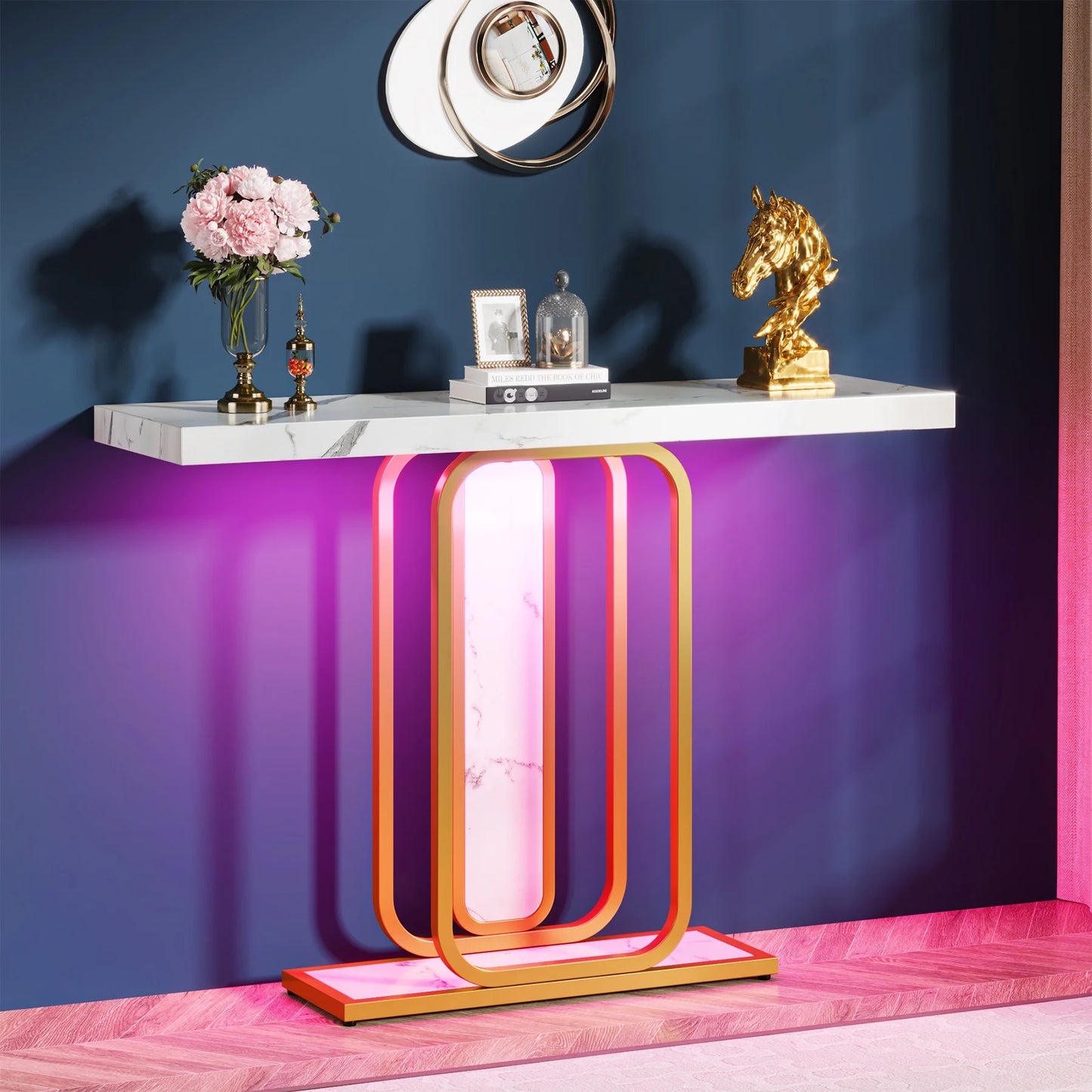 Modern Accent Gold/White Console Table , LED Lights,