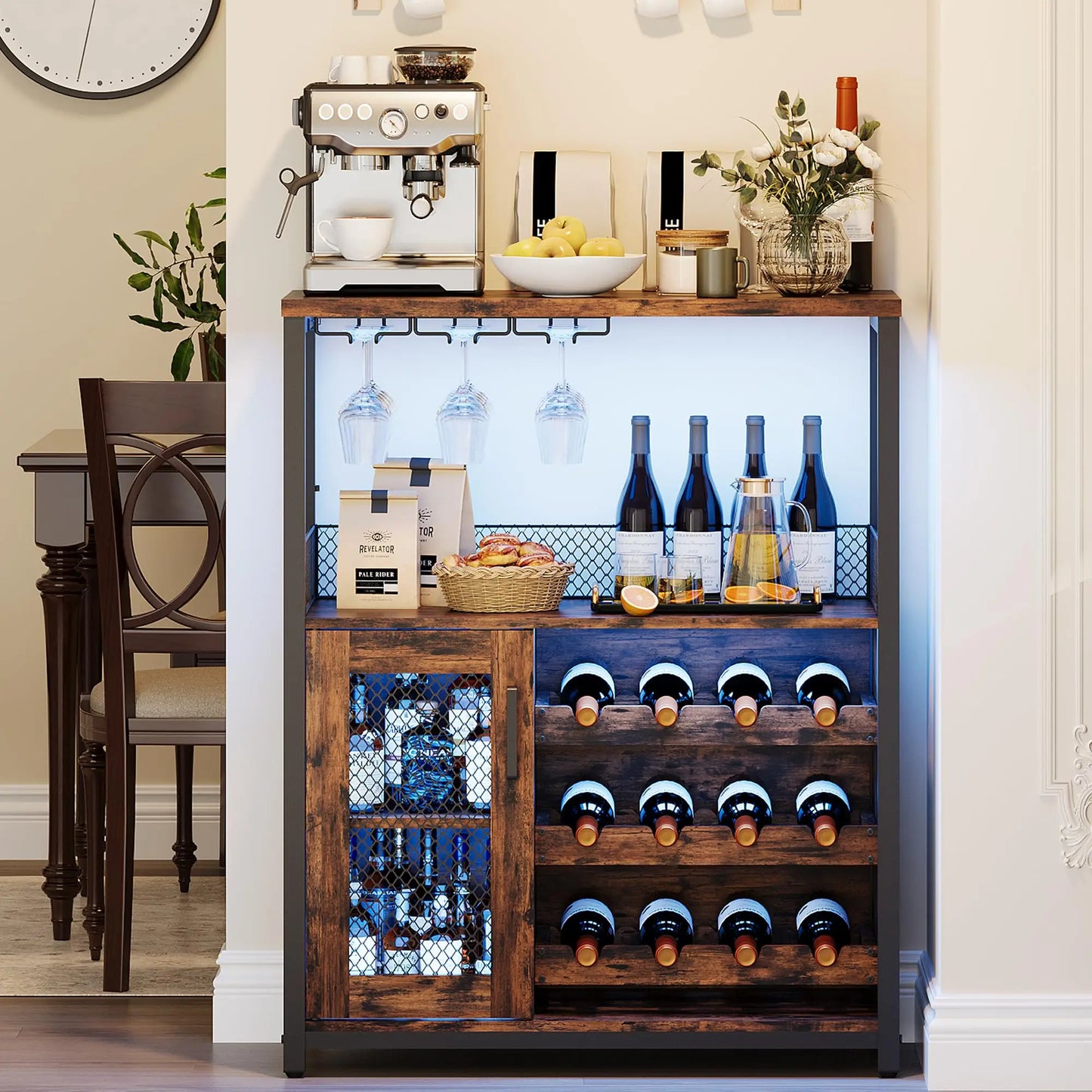 3-Tier Wine Bar Cabinet w/Adjustable Shelves & Glass Holders