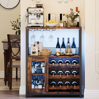 3-Tier Wine Bar Cabinet w/Adjustable Shelves & Glass Holders