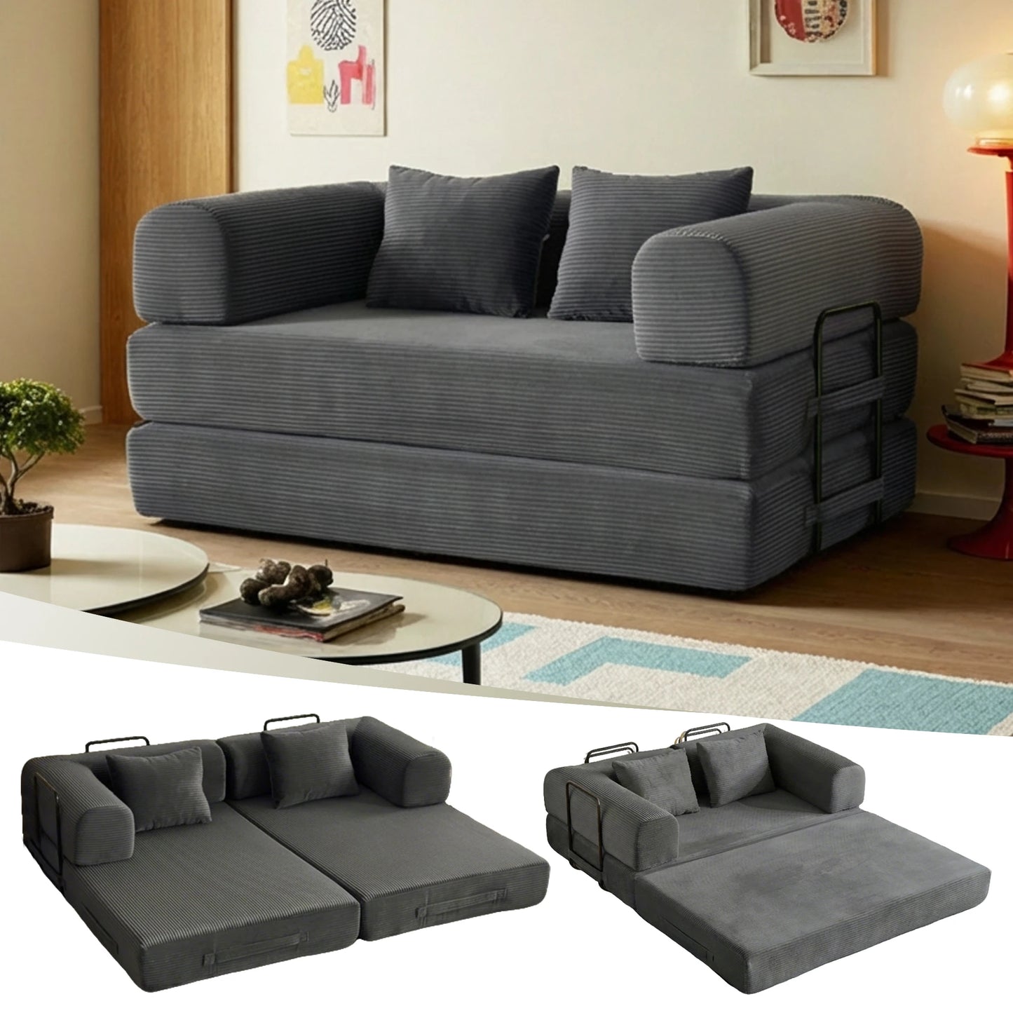 59" 4:1 Boneless Convertible Floor Sofa, High-Density Sponge & Corduroy Fabric