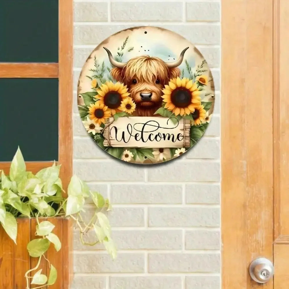 Vintage Metal Highland Cow Welcome Sign, 8x8