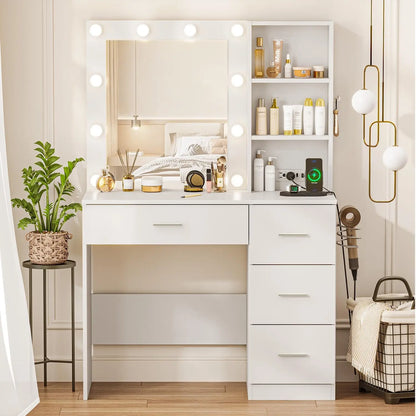 Makeup Vanity Desk w/LED Lighted Mirror, 4 Drawers Storage, Power Outlet