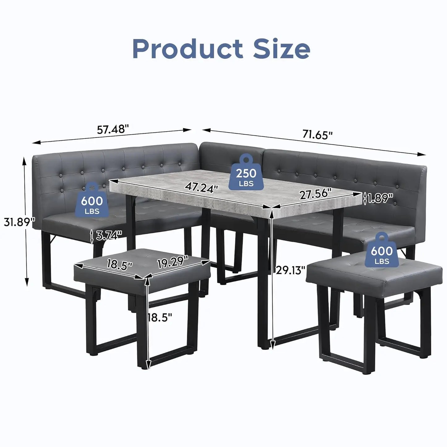 5pc Modern Corner Dining Table Set, 72" Breakfast Nook