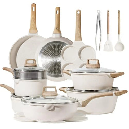 21pc Induction Cookware Set Nonstick, White Granite Pots and Pans