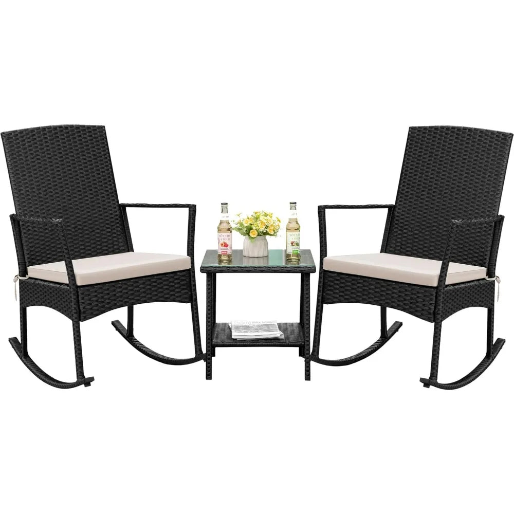 Outdoor High Back Rocking Chair Set w/Glass Table, Beige