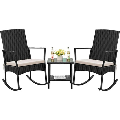 Outdoor High Back Rocking Chair Set w/Glass Table, Beige