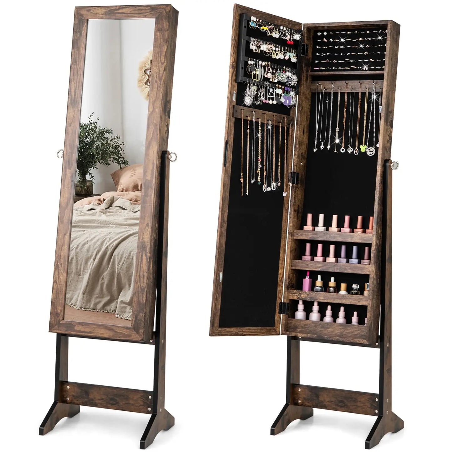Adjustable Free-Standing Jewelry Armoire w/Full Length Mirror, 3 Positions