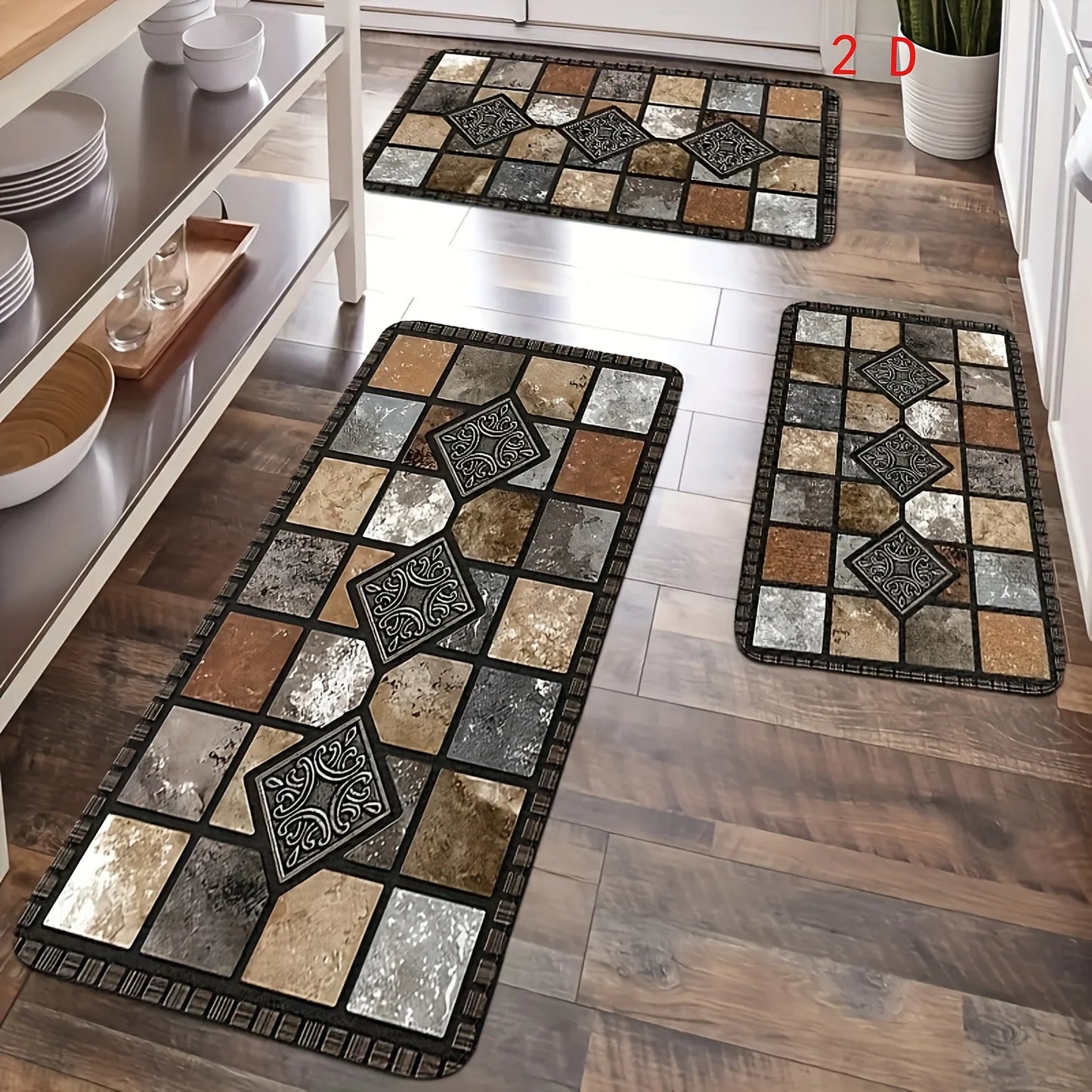 2D 3pcs Kitchen Mat Set, Classic Geometric Stone Mat, Retro Farmhouse