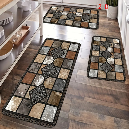 2D 3pcs Kitchen Mat Set, Classic Geometric Stone Mat, Retro Farmhouse