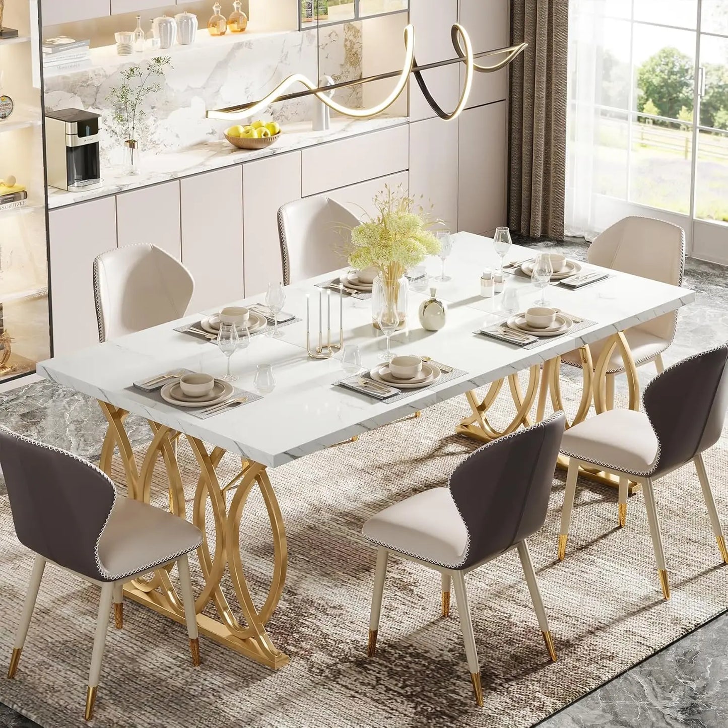Unique Modern Rectangular Dining Table for 4-6 People, Chairs NI