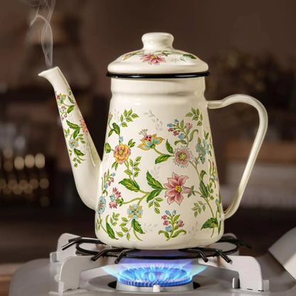 1.2L Enamel Stovetop Teapot with Vintage Floral Pattern