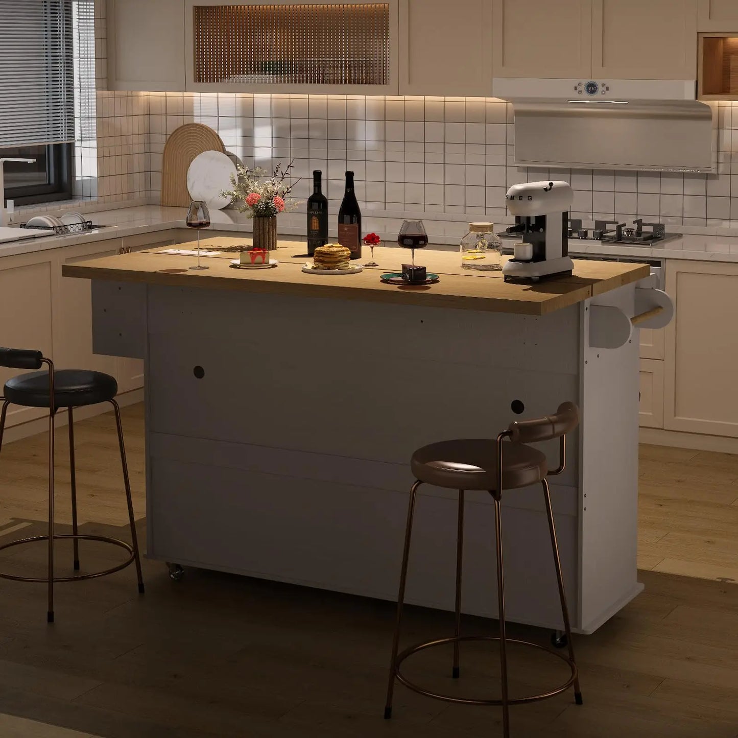 60" Rolling Kitchen Island Table, Drop Leaf w/Power Outlet