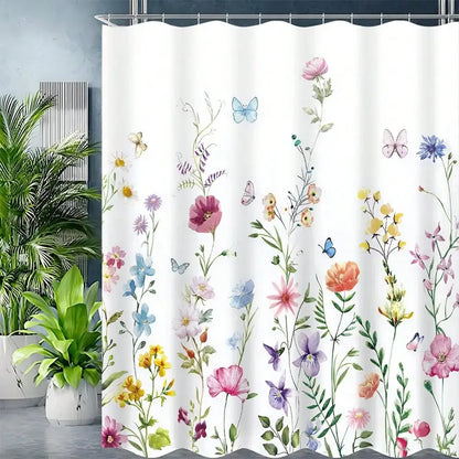 Floral Shower Curtain and Anti-Slip Bathroom Mat, Multi-Colors