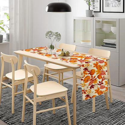 1pc (2 sizes) Autumn Table Runner, Thanksgiving Orange Brown and Yellow Fall Leaves White Pumpkins