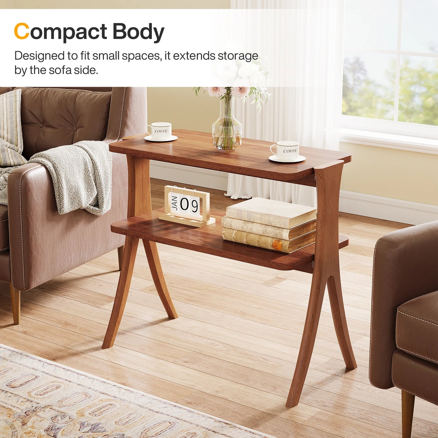 Walnut Side Table with 2-Tier Storage Shelf and Solid Wood Legs