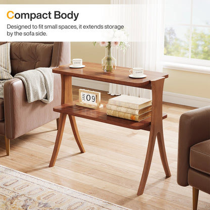 Walnut Side Table with 2-Tier Storage Shelf and Solid Wood Legs