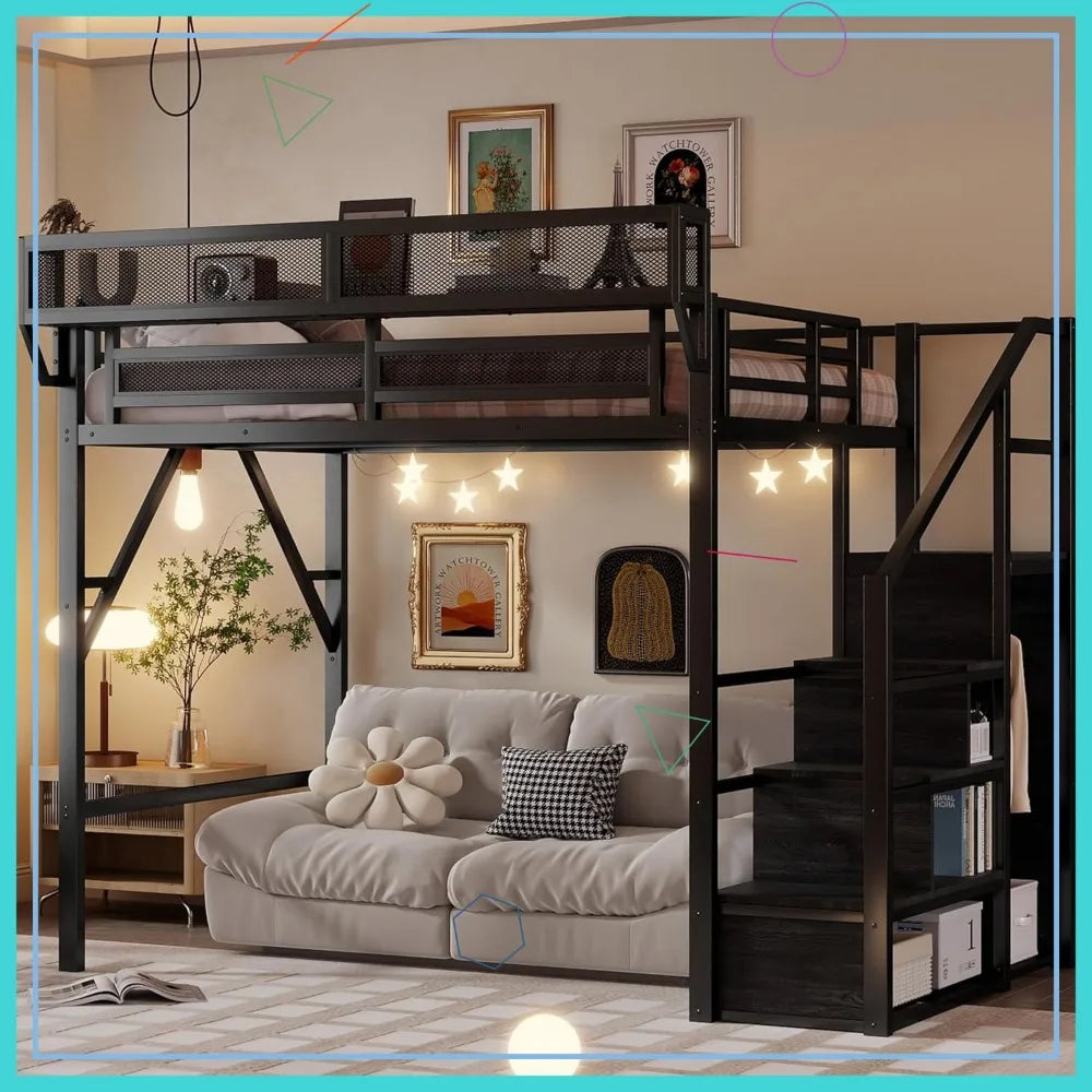 Full Size Metal Loft Bed with Stairs, Storage Shelves