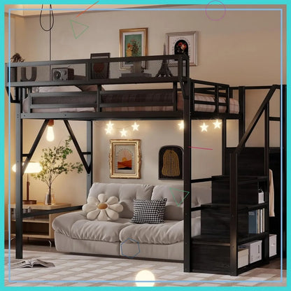 Full Size Metal Loft Bed with Stairs, Storage Shelves