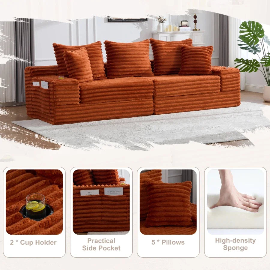 Oversized Boneless Four Seat Sofa w/ 3 Pillows, Cup Holder and Side Pockets