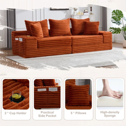 Oversized Boneless Four Seat Sofa w/ 3 Pillows, Cup Holder and Side Pockets