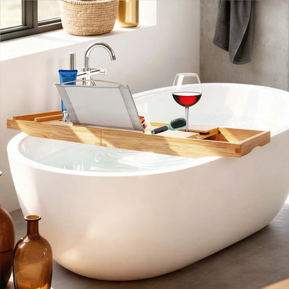 Expandable Bamboo Bathtub Tray 29.5"x42.9" Waterproof Bath Caddy