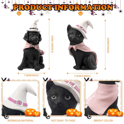 2pc Halloween Witch Hat, Black Cat and Dog Pet Figurine Set