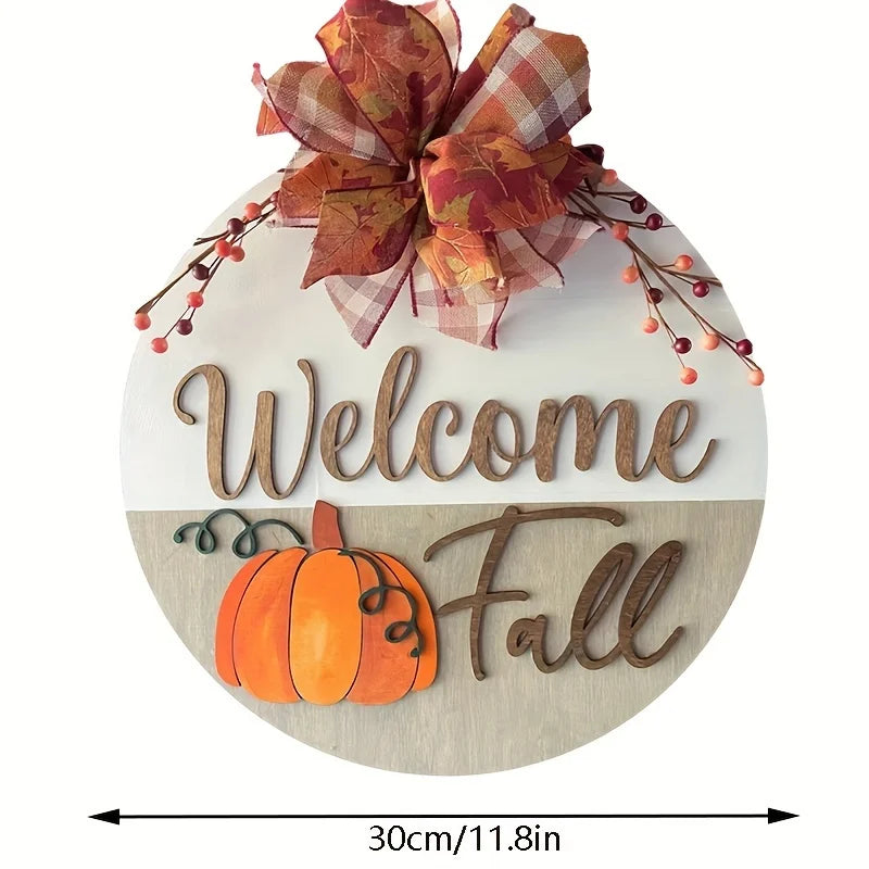 Autumn Pumpkin Round Wooden Front Door Decor with Bow