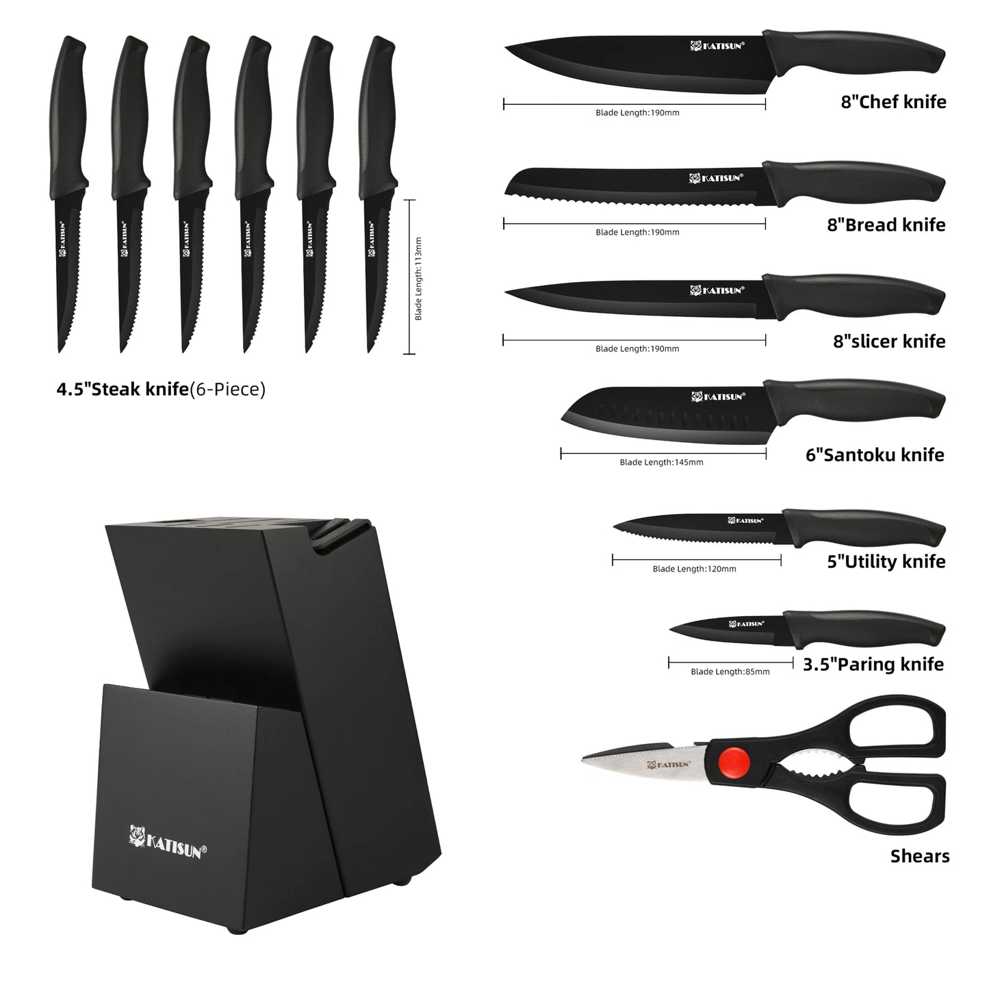 15 Pieces Carbon Steel Knife Set, Built-in Knife Sharpener,