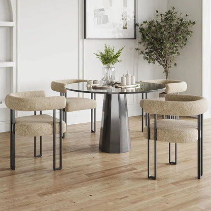 Set (2) Modern Bouclé Fabric Upholstered Dining Room Armchairs