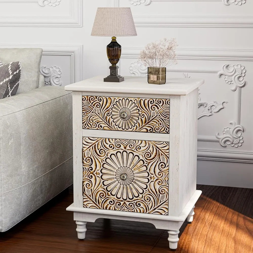 Flower Motif Nightstand w/Drawer & Storage, Fully-Assembled