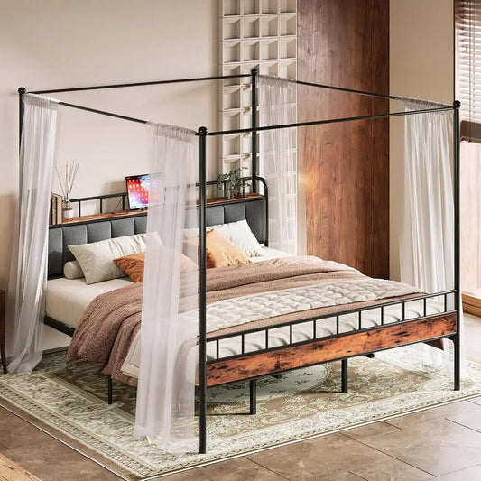 Queen Canopy Bed Frame, Storage and Headboard w/Charging Station