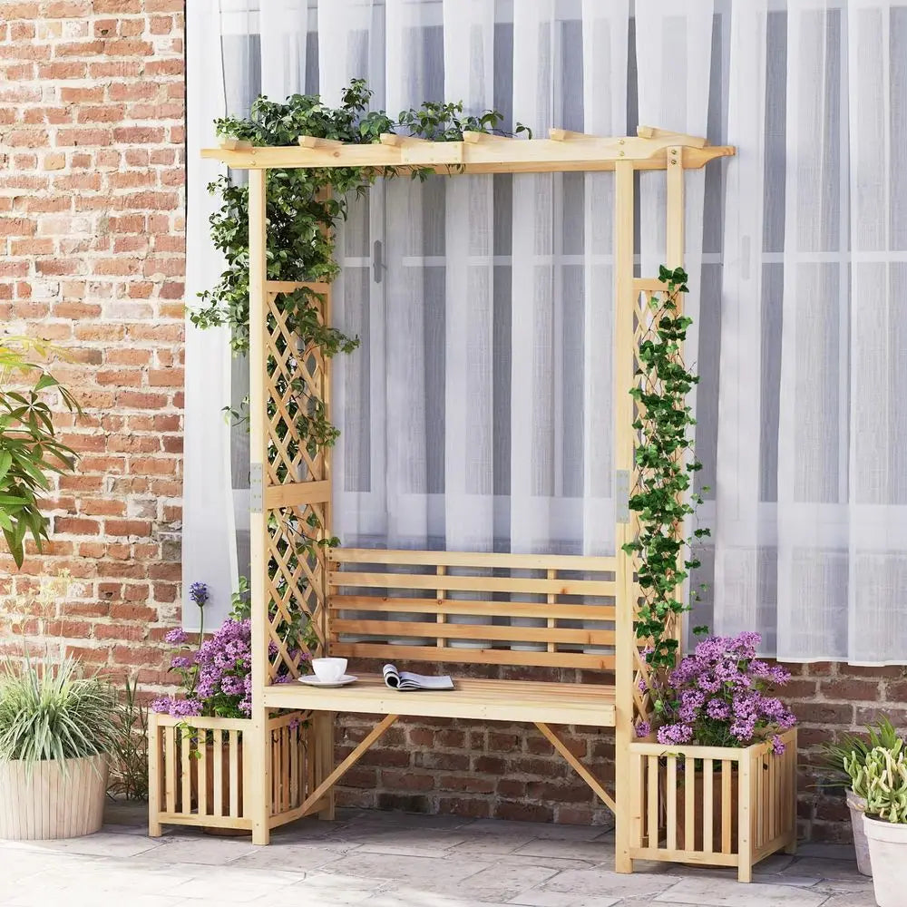 Wooden Outdoor Bench w/Pergola, Planting Box, Side Trellis