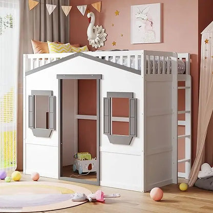 Playhouse Design Twin Size Loft Bed w/Built-in Storage