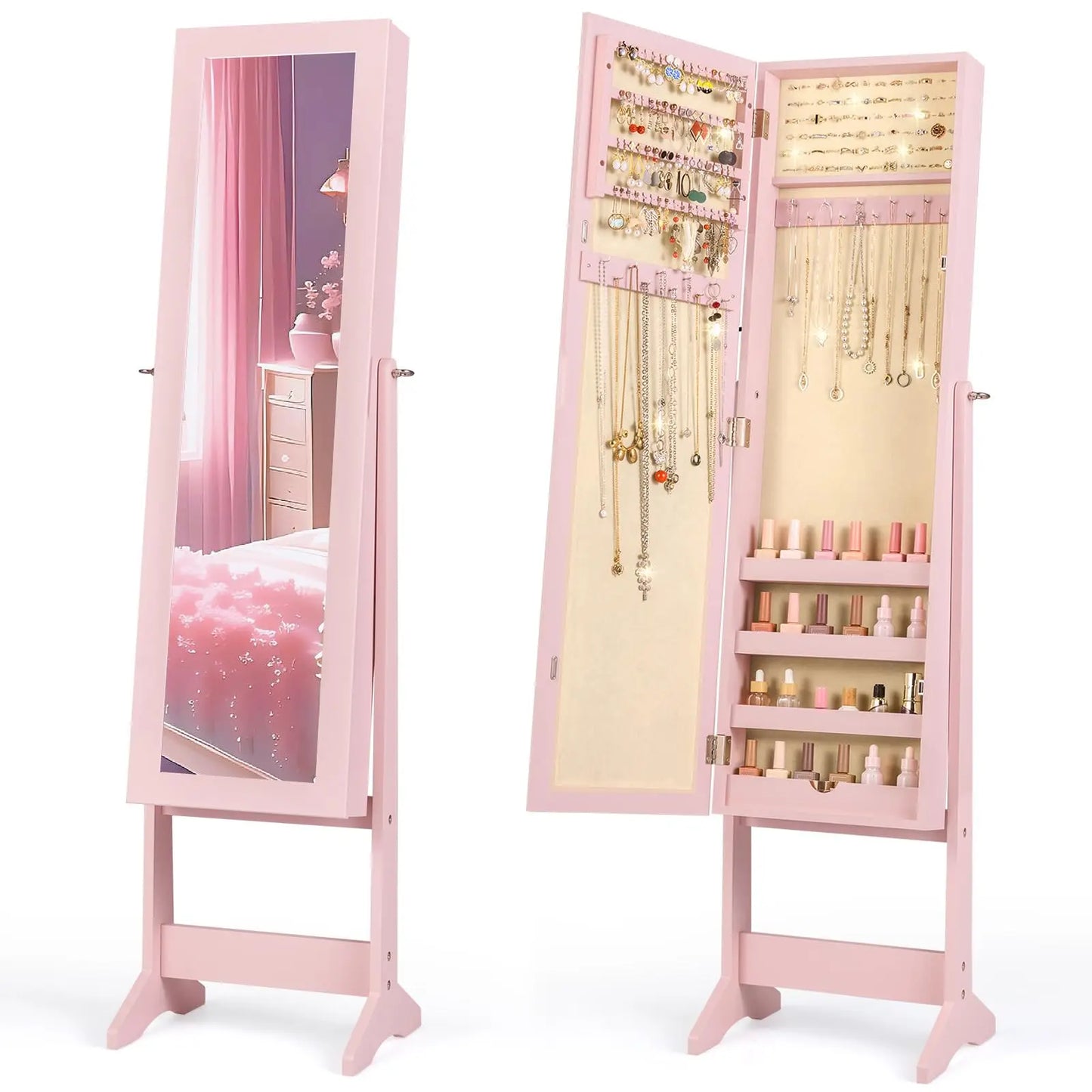 Adjustable Free-Standing Jewelry Armoire w/Full Length Mirror, 3 Positions
