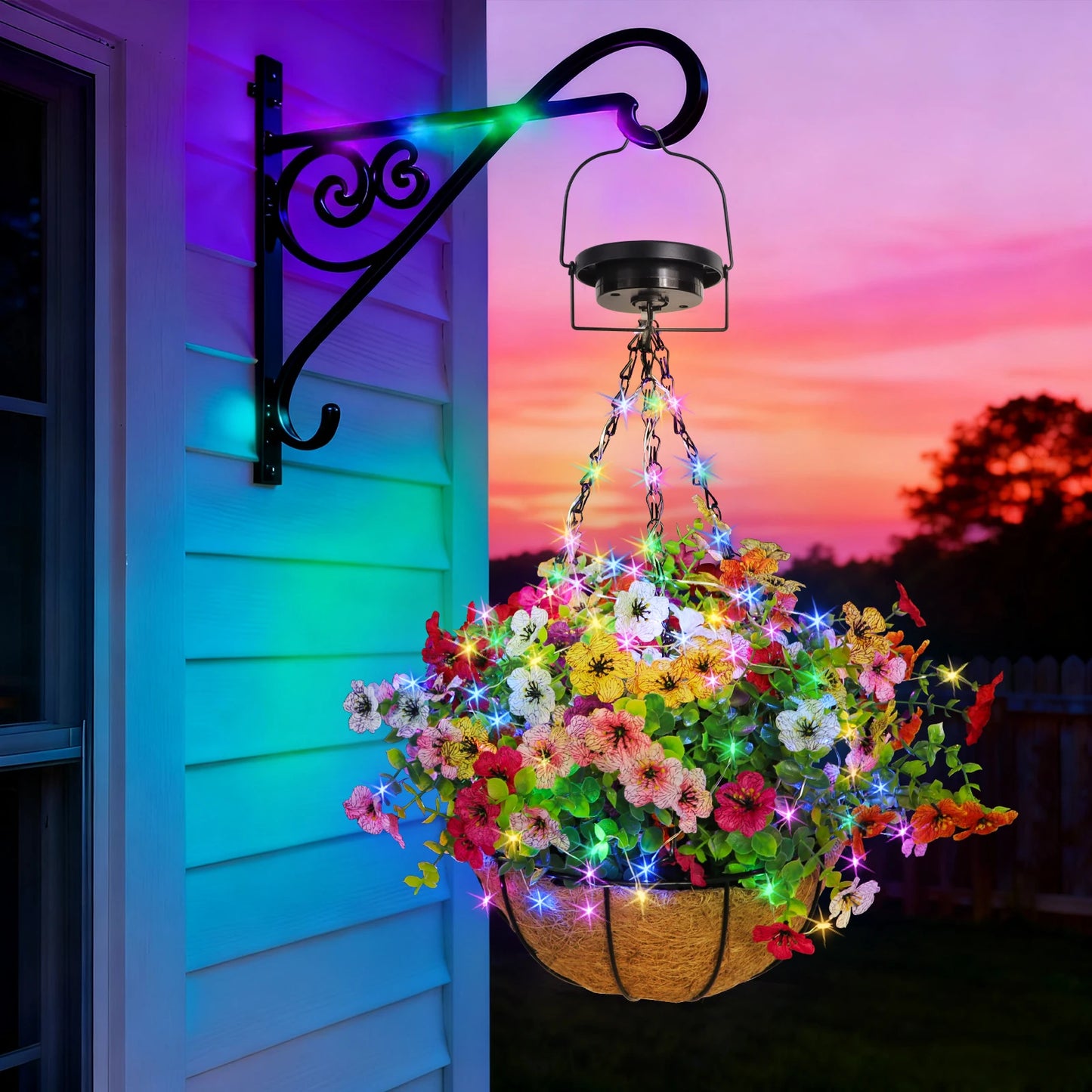 Solar Powered Hanging Flower Basket, Decorative Lighting,