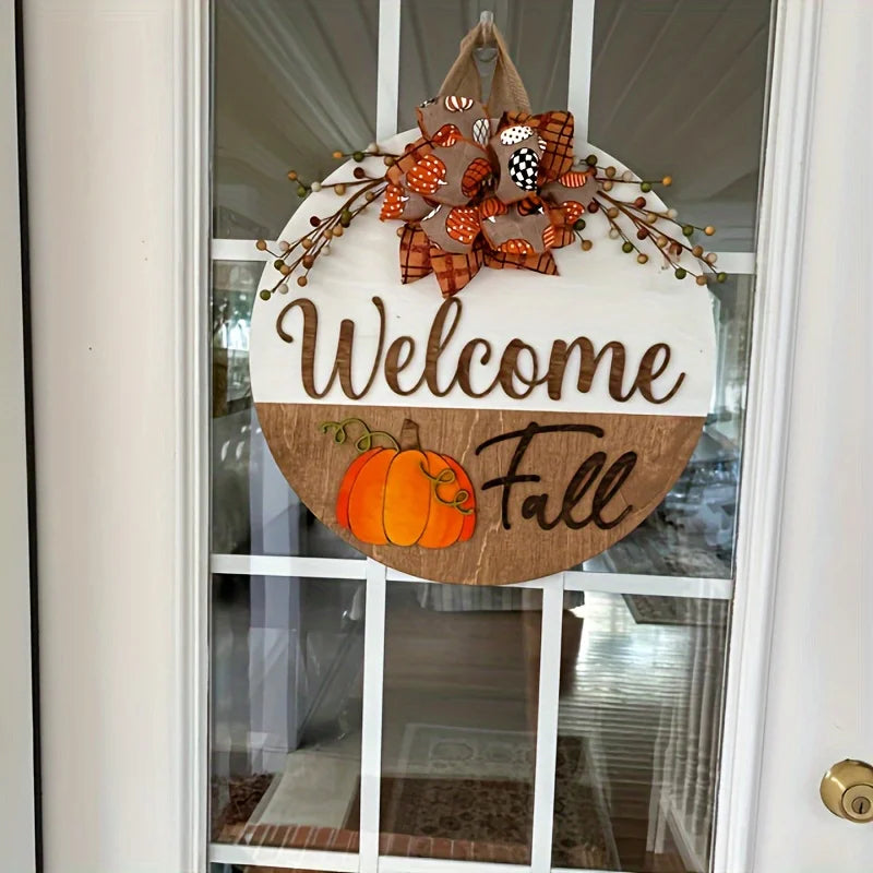 Autumn Pumpkin Round Wooden Front Door Decor with Bow