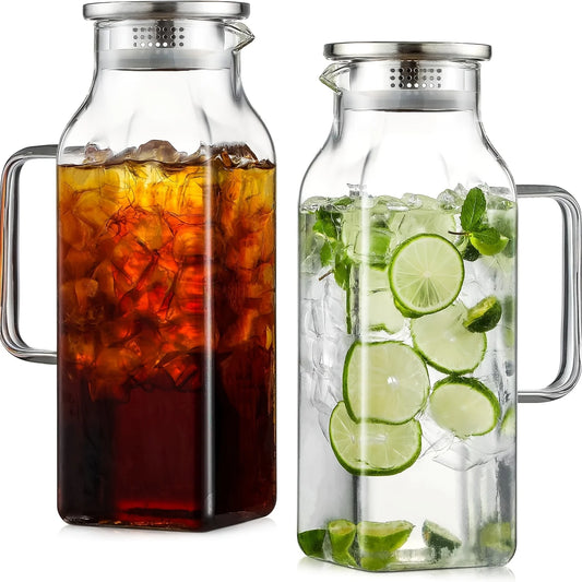 2/4 Pack 2 Liters/68 Oz Square Glass Pitcher w/Lid, Handle