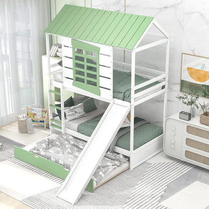 House Twin Over Twin Bunk Beds w/Storage Drawers & Shelf