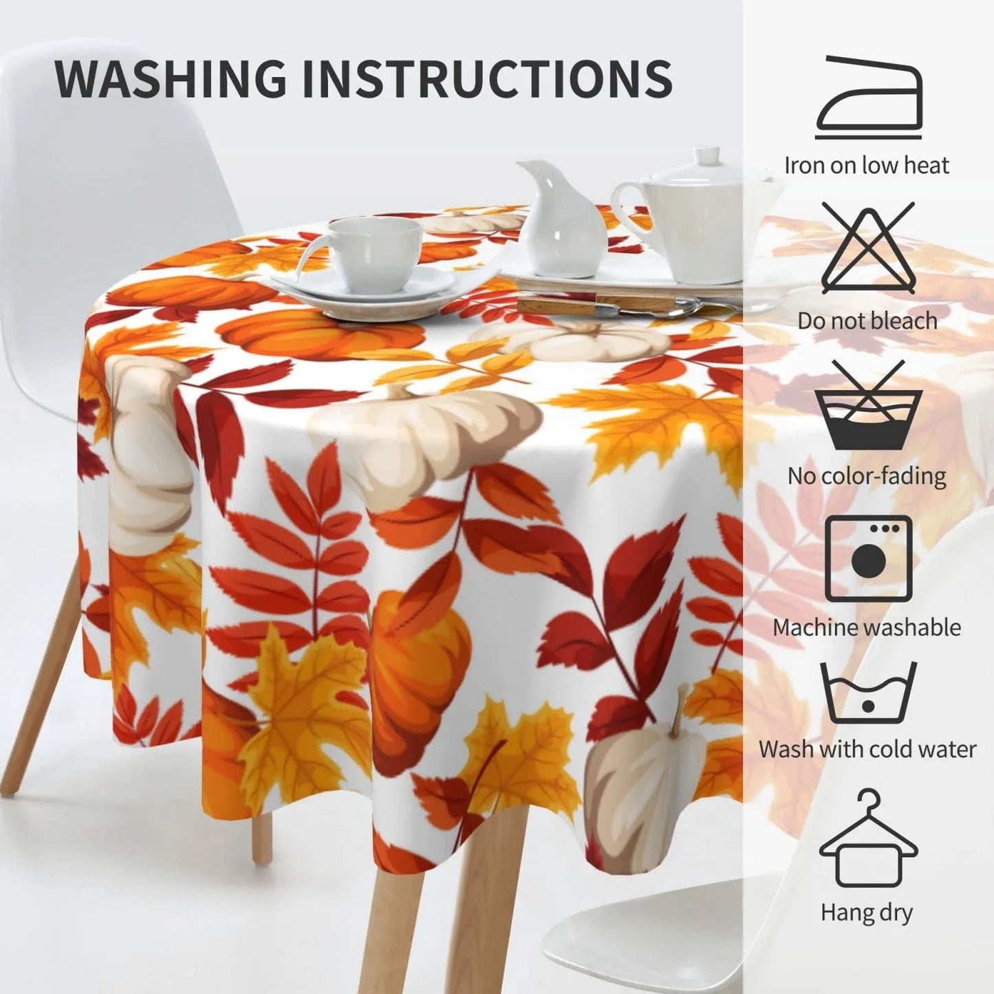 Round Fall Thanksgiving Pumpkin Maple Leaf Print Tablecloth, 2-sizes