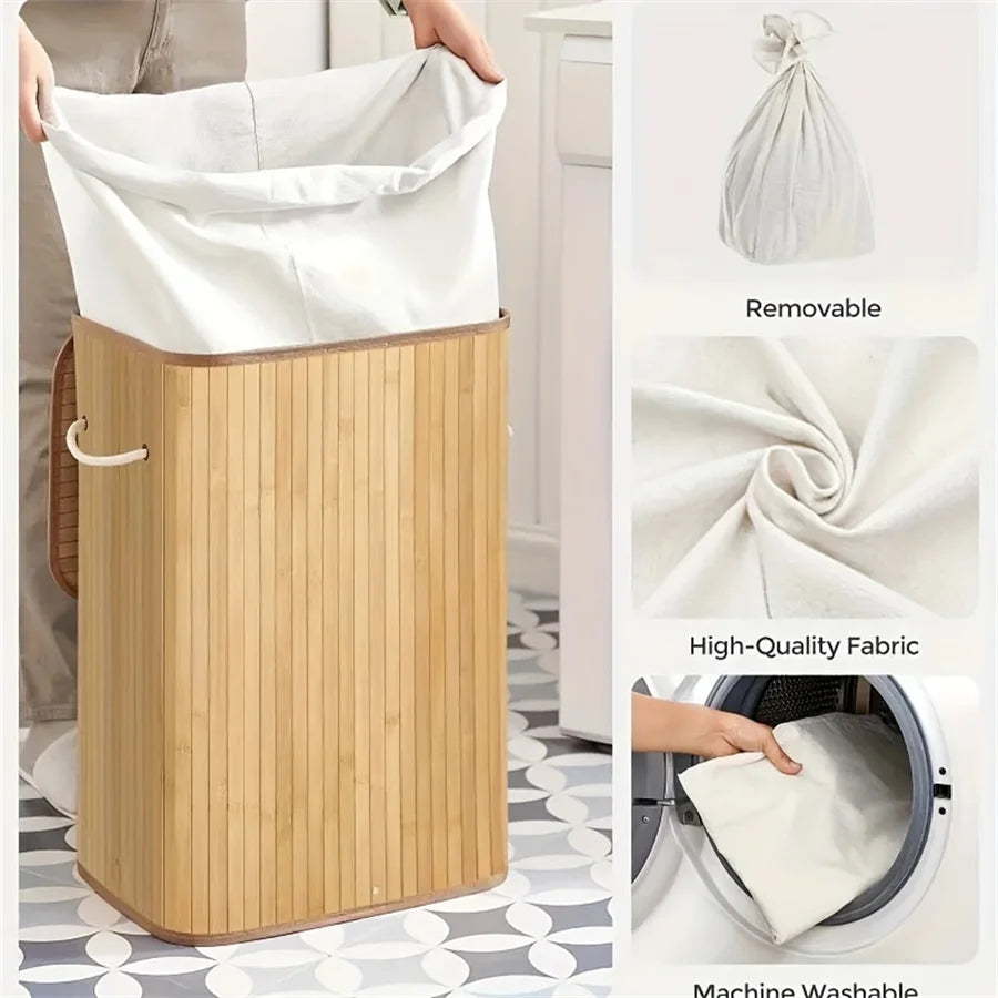 Large Bamboo Foldable Laundry, Storage Basket w/Lid