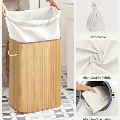 Large Bamboo Foldable Laundry, Storage Basket w/Lid