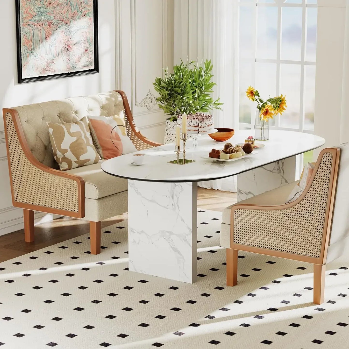 Modern Upholstered Loveseat with Natural Rattan Arms